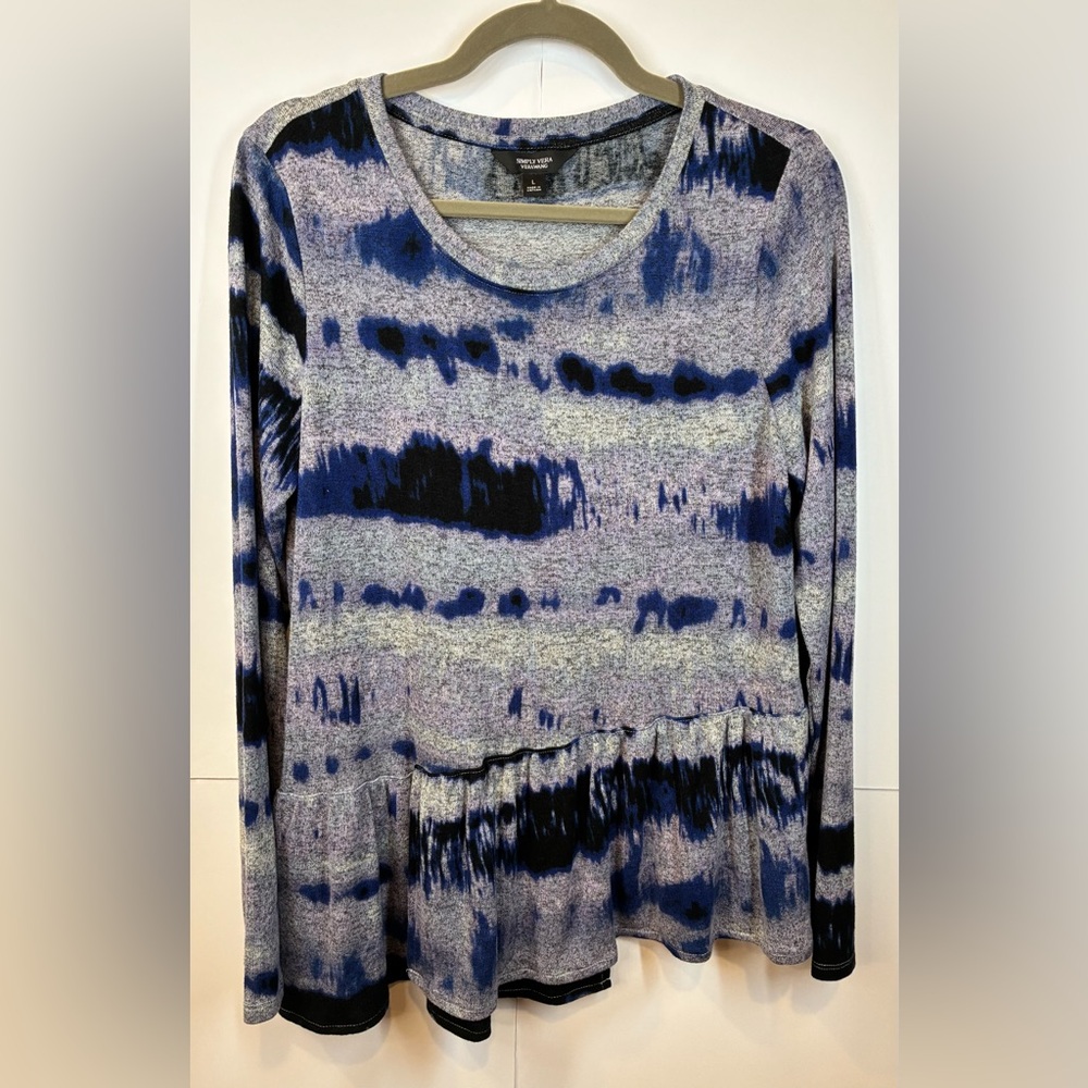 Simply Vera Vera Wang Blue Gray Brushstroke Print Ruffle Hem Tunic Top Large